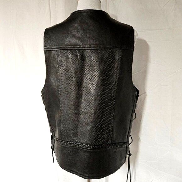 Moto Mod Black Button Front Adjustable Lace Up Sides Motorcycle Riding Vest - Picture 3 of 13